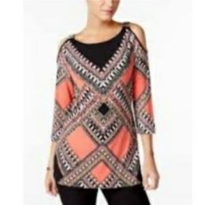 JM Collection Top Black Geometric Cold Shoulder